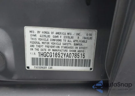 2000 Honda Accord 3.0 Ex from USA, damaged, VIN 1HGCG1652YA078515